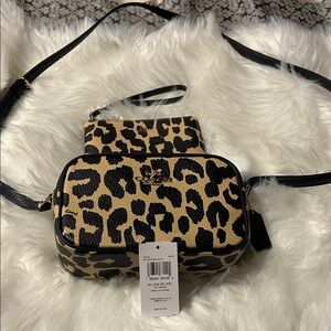 Coach Black and Tan Leopard Crossbody/Wristlet Set